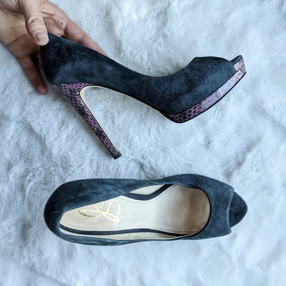 Joan & David Navy Leather Peep-Toe Stiletto Heels